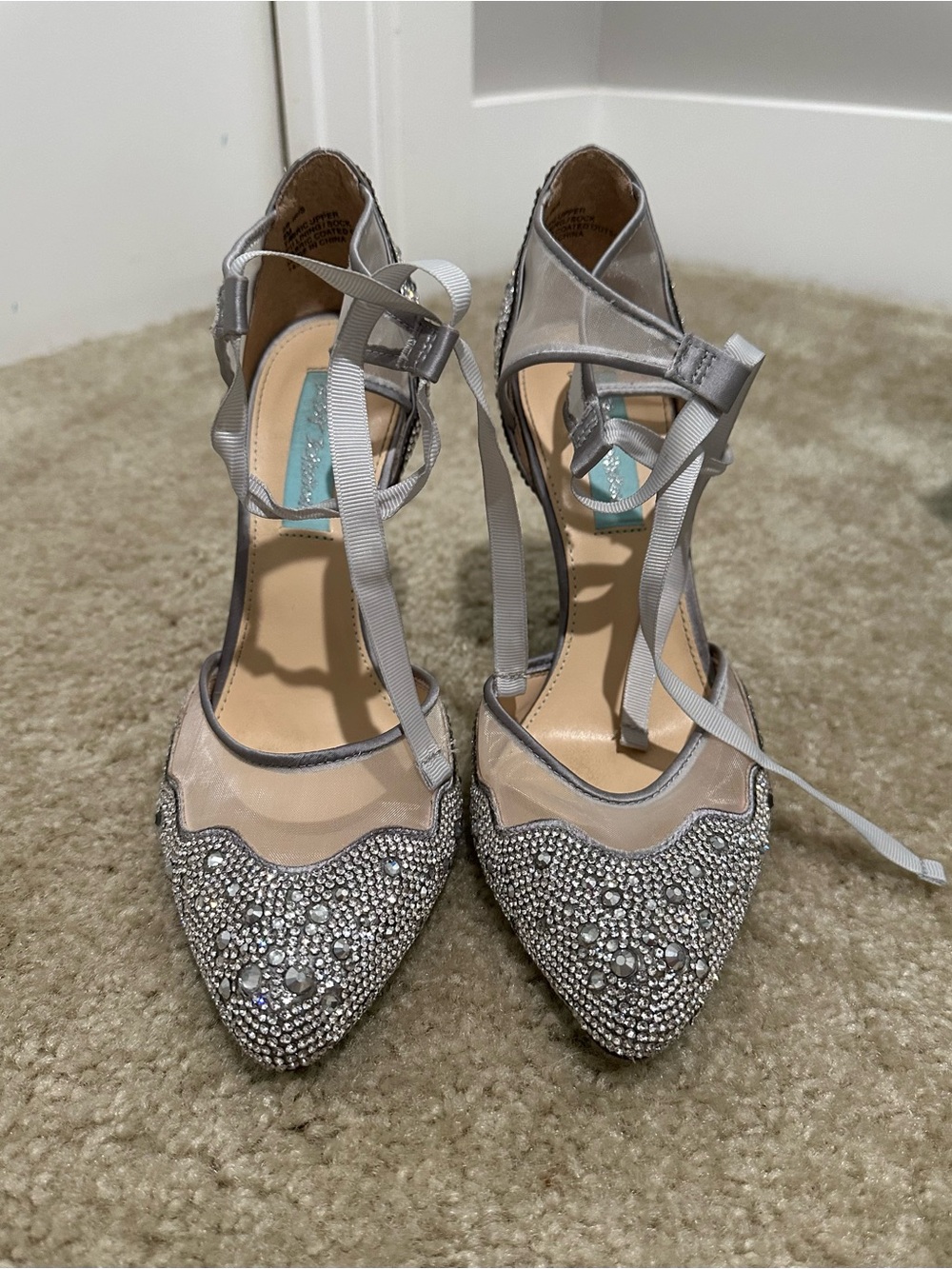 Betsey Johnson Silver Crystal-Embellished Pointed-Toe Lace-Up Heels